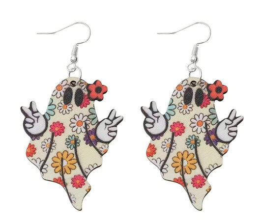 Boho Ghost Floral Earrings (Wooden)